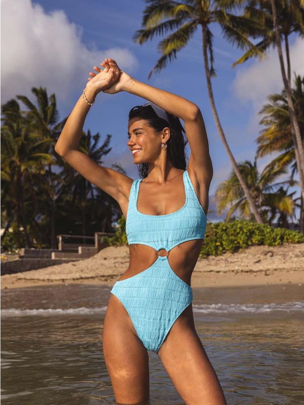 Lulus Airlie Bright Blue Eyelet O-Ring One-Piece Swimsuit NWT